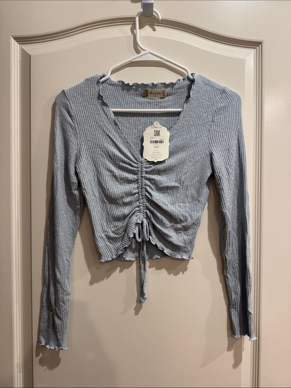 Altar'd State Light Blue Ribbed Drawstring Long-Sleeve Crop Top